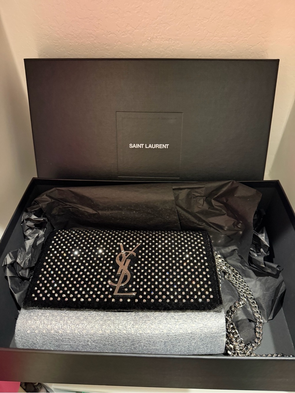 New! Saint Laurent Black Velvet
Crossbody Bag with Crystal Accents